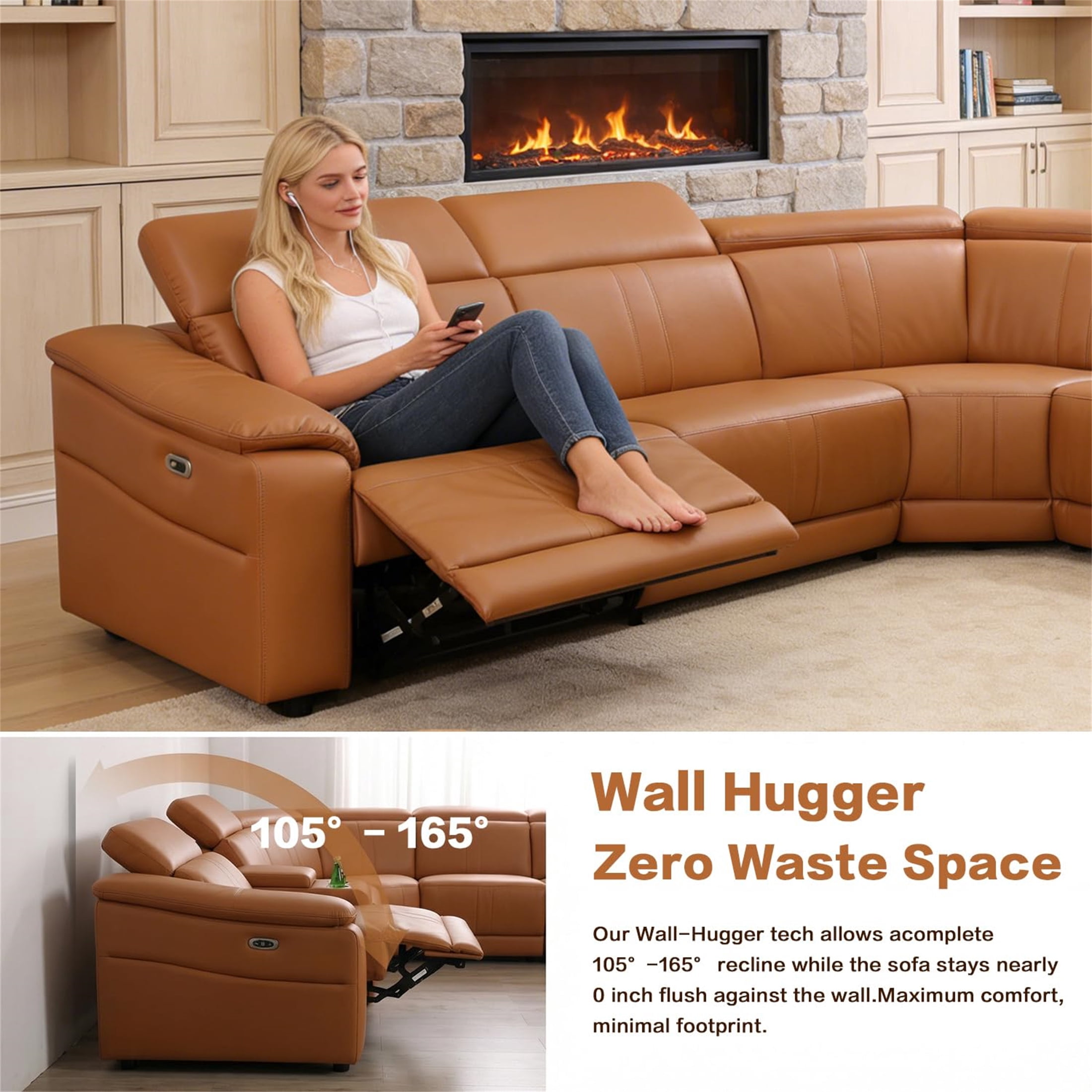 Aukfa 6-Piece Power Recliner Sofa Set Sectional Couch with Cup Holders& USB Port Storage Console, Breathing Leather, Light Brown