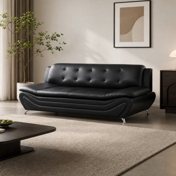 Black Faux Leather Sofa, 76.5" Sofa with 3 Deep Seater for Living Room Bedroom