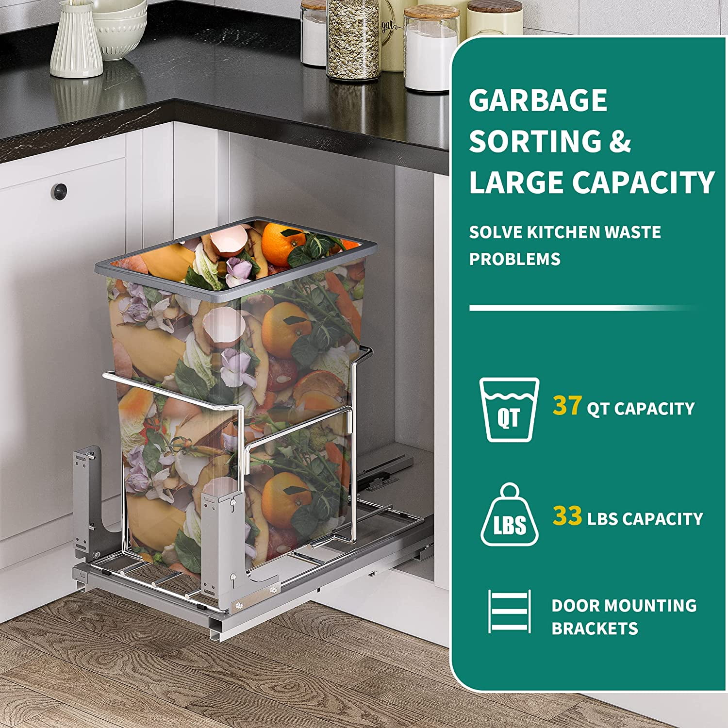 Dextrus 37 Quart Pull-Out Trash Can Recycling Bin, Sliding Kitchen Waste Garbage Container with Soft-Close Slides, Gray