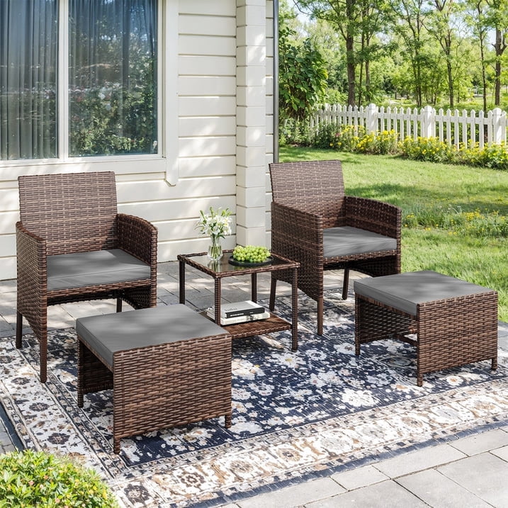 ELPOSUN 5 Piece Patio Furniture Set, Outdoor Patio Conversation Rattan Chair with Ottomans/Storage Coffee Table for Patio, Space Saving Design for Balcony Poolside Front Porch Deck,Brown Rattan, Gray