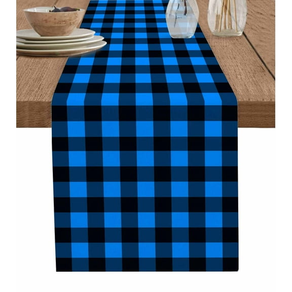 Black Blue Plaid Burlap Cotton Table Runner 13x70 Inches Long, Country Buffalo Checked Gingham Farmhouse Table Runners, Outdoor Dining Tablecloths Decor for Baby Shower/Party/Wedding