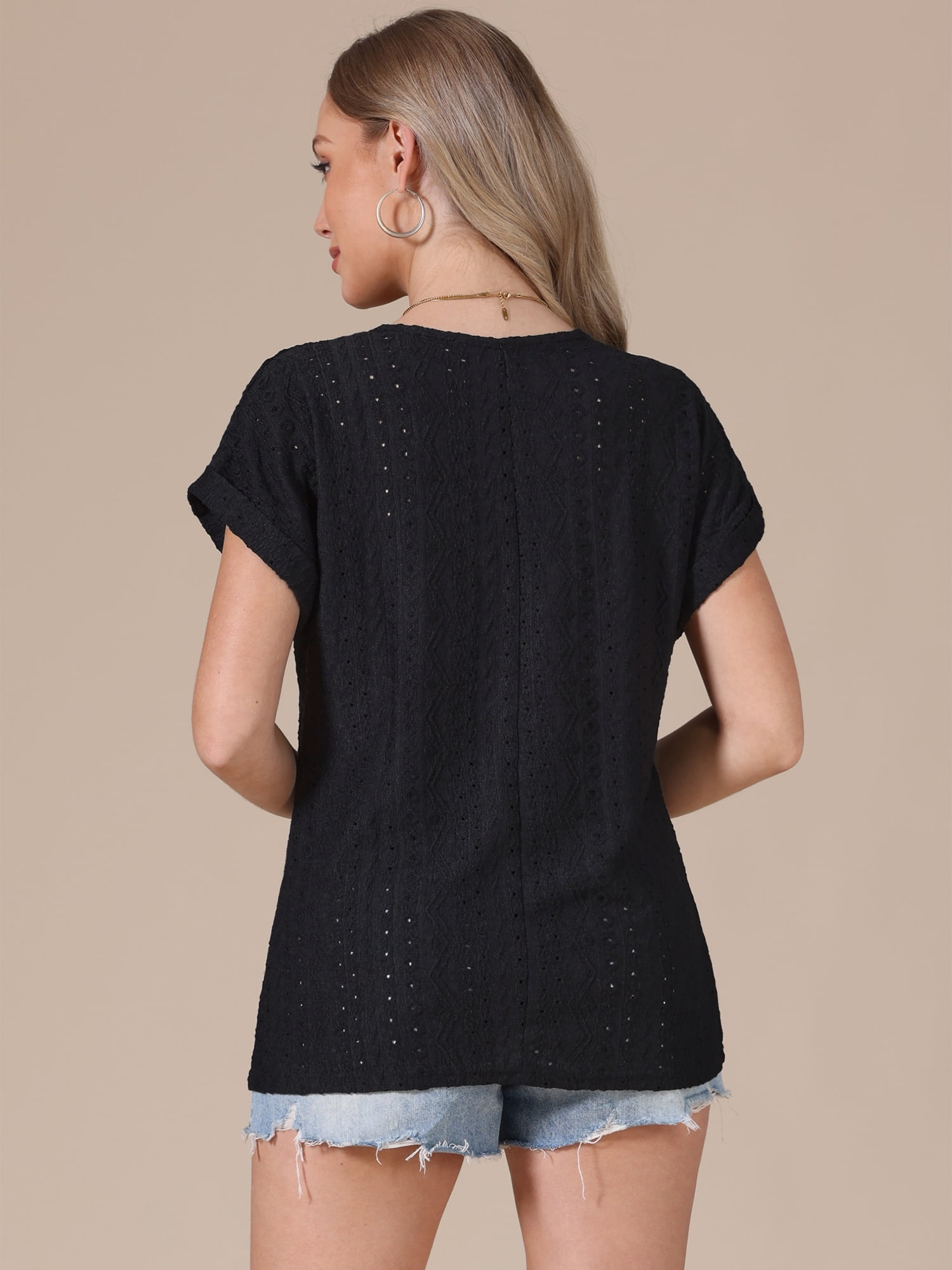 DARING DIVA Women's Short Sleeve Hollow Out Casual Eyelet Tops S Black
