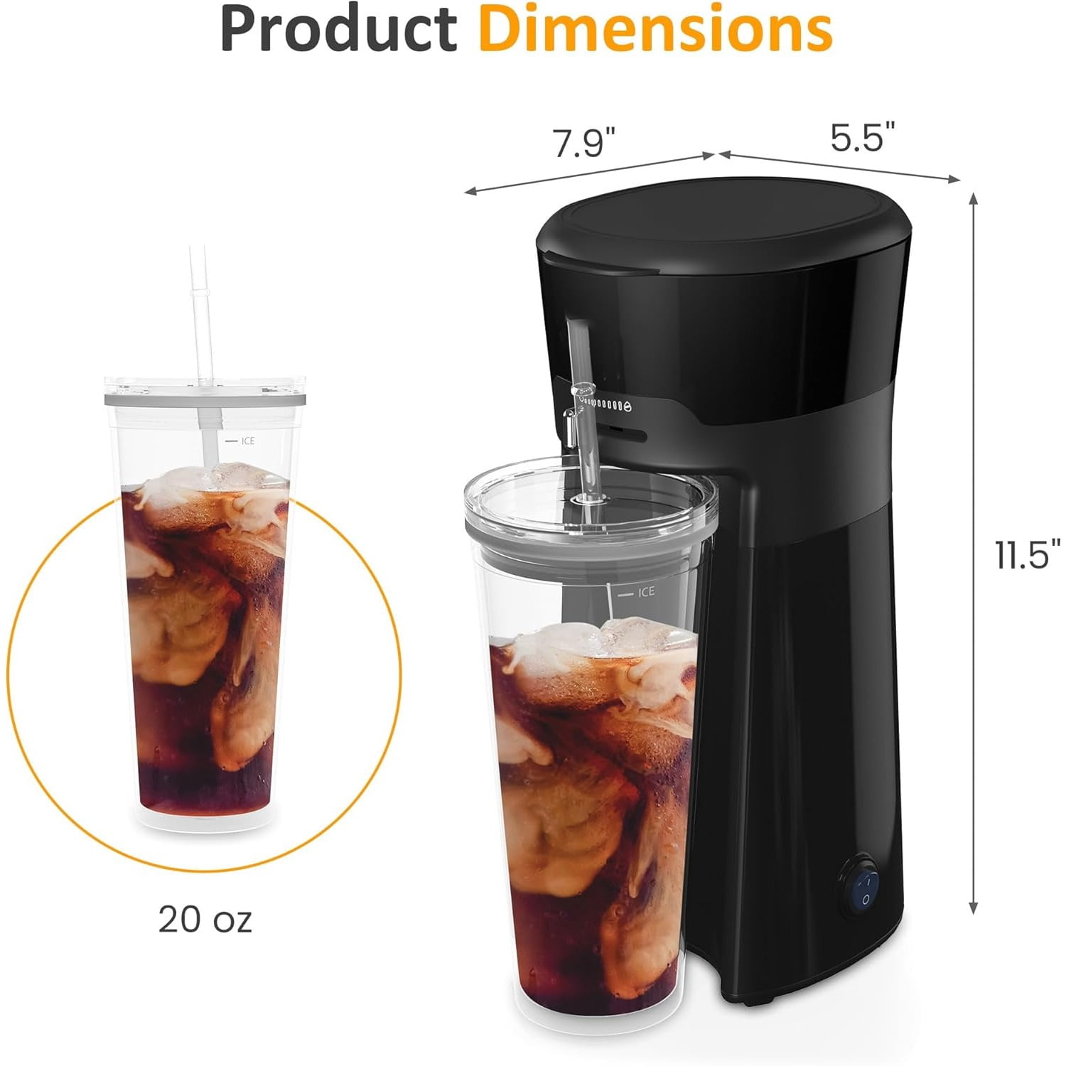 Superjoe Iced Coffee and Tea Maker with Reusable Coffee Filter and Portable 20oz Double Insulated Cups, Single Serve Machine for Home, Strength Control for Flavor, Black