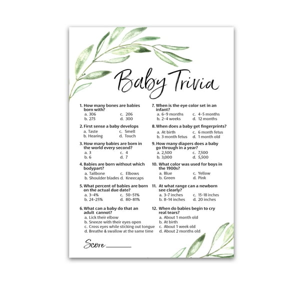 GREENERY Baby Shower Game - BABY TRIVIA Games - Pack of 25 - Fun Baby Facts Games, Floral, Green, Olive Branch Trivia Baby Shower Activity, Greenery, Rustic Gender Neutral Baby Shower Games,