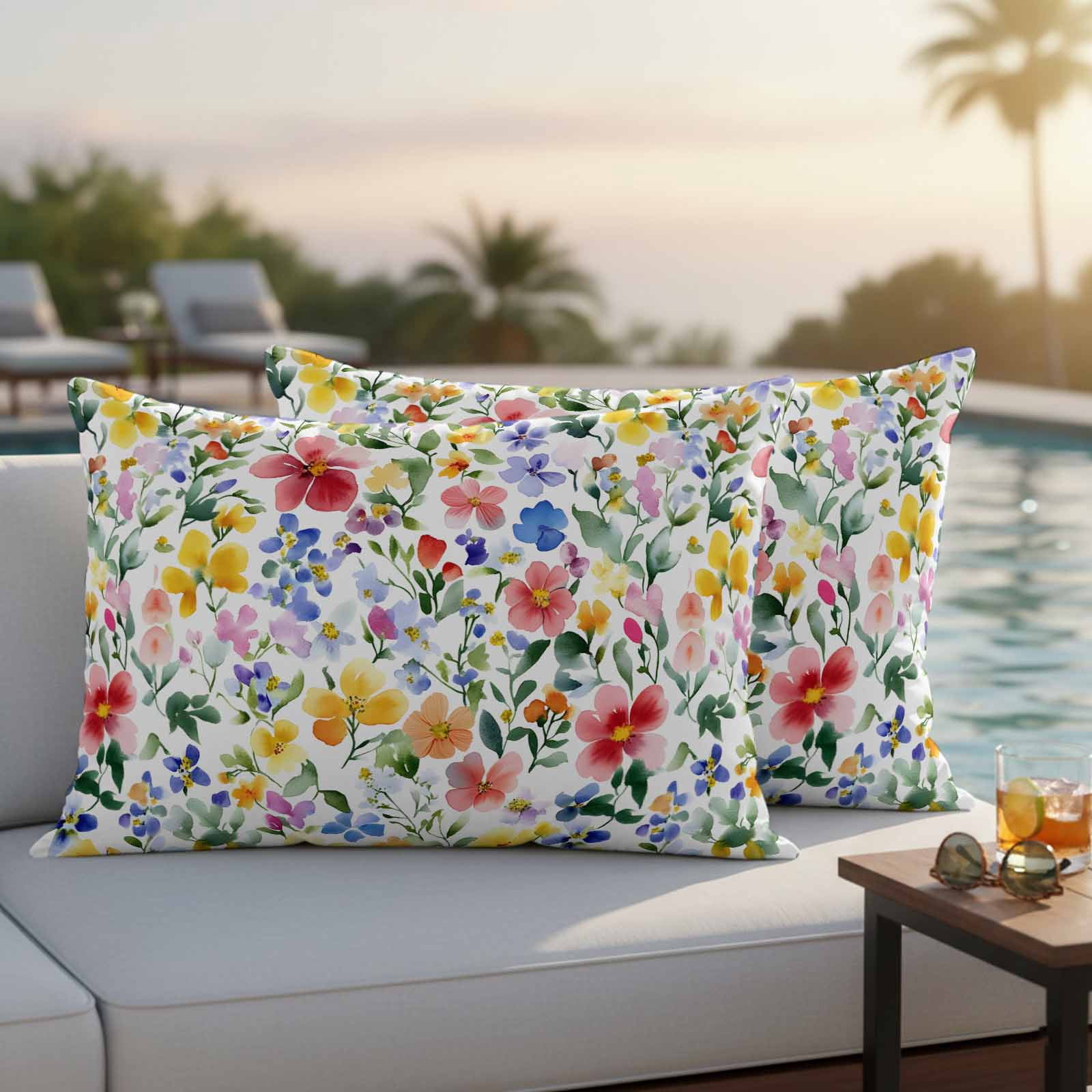 Spring Floral Pillow Covers 2 Pack Gradient Blue Pink Yellow Flower Romantic Farmhouse Pillowcase Waterproof Outdoor Throw Pillow Cover for Patio Balcony Rectangular Cushion 20”x12”