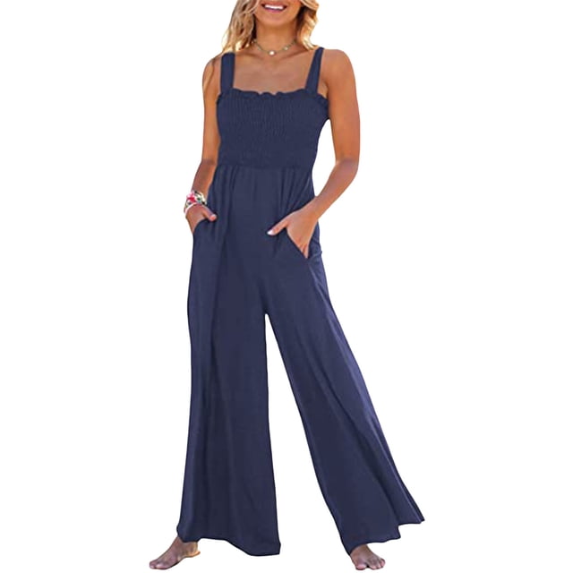 Sunloudy - Mono informal con cuello cuadrado para mujer, a la moda, color sólido/estampado, sin mangas, con pernera ancha Sunloudy S, M, L, XL