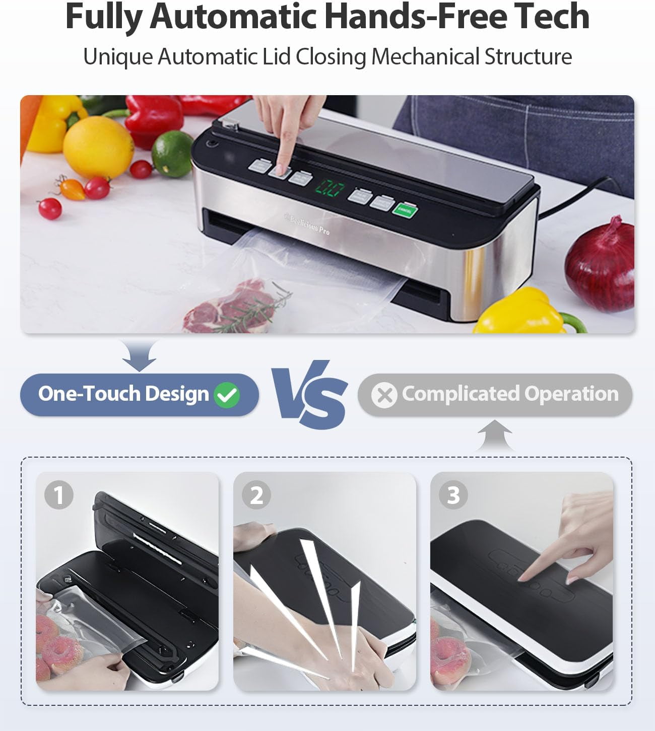 Vacuum Sealer Machine, Beelicious® 85KPA Fully Automatic 8-IN-1 Food Sealer  with Bags Storage, Build-in Cutter, Moist Mode and Air Suction Hose 