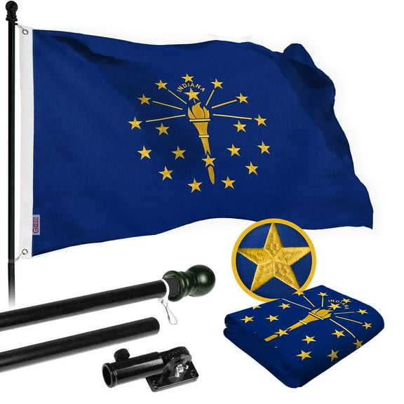 G128 Combo Pack: 6 Ft Tangle Free Spinning Flagpole (Black) & Indiana Flag 3x5 Ft Embroidered 220GSM Spun Polyester, Brass Grommets (Flag Included) Aluminum Flag Pole