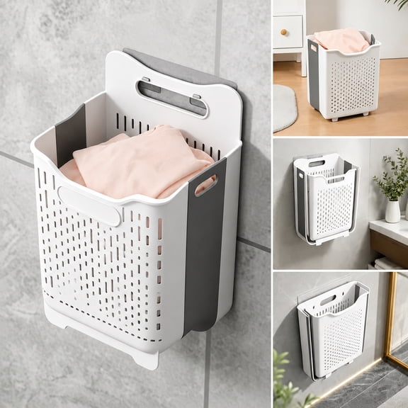 Foldable Wall Mounted Laundry Hamper, White Ventilated Hollow Hanging Dirty Clothes Basket with Hooks for Bathroom Bedroom Clothing Storage