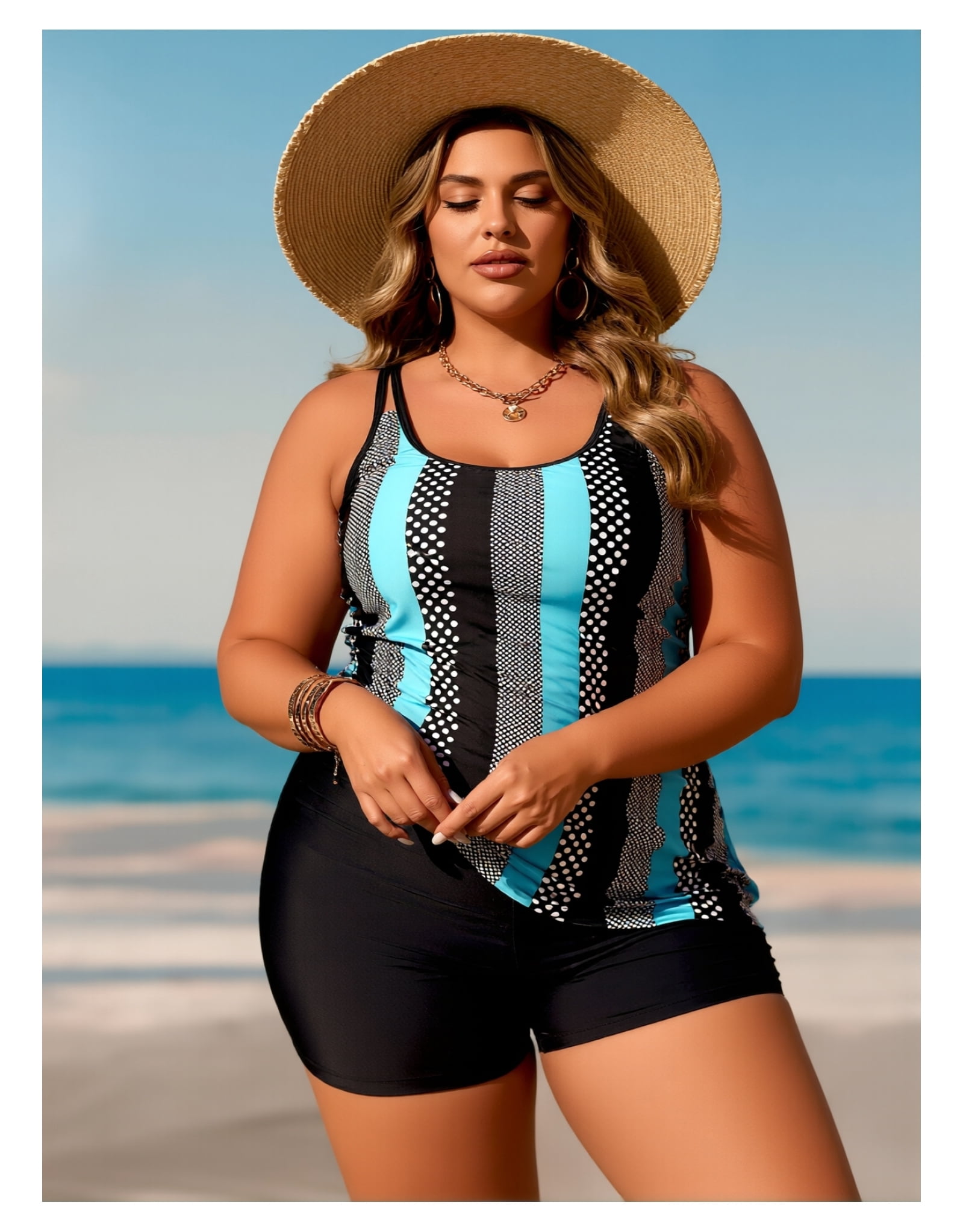 Two Piece Tankini Swimsuit with Swim Shorts and Modest Tummy Coverage