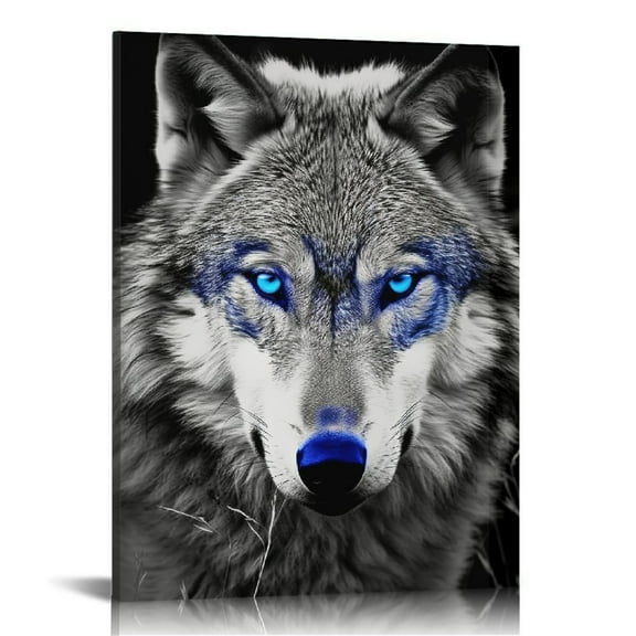 JRXY Wildlife Animal Canvas Wall Art Black White Wolf with Blue Eyes Picture Giclee Prints Artwork Framed and Stretched Painting for Modern Home Living Room Office Bedroom Bathroom pattern1