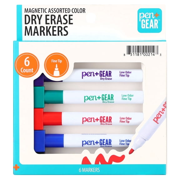 Pen+Gear Magnetic Dry Erase Markers with Eraser, Assorted Colors, Fine Tip, 6 Count