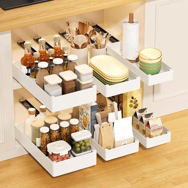 3 Pack Organizador Extraíble para Armarios, con Adhesivo, No Drill, Cajones Deslizantes para Gabinetes de Cocina, Organizador Debajo del