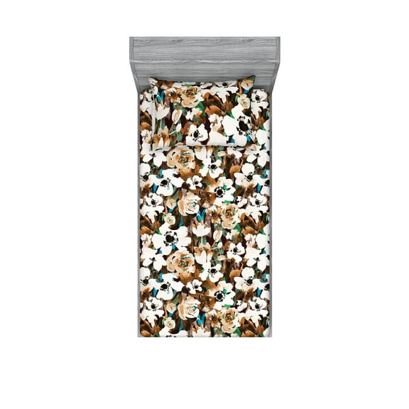 Earthy Flowers Fitted Sheet & Pillow Sham Set, Rose and Anemone in Watercolor Style with Green and Blue Details, Decorative Printed 2 Piece Bedding Decor, Twin, Ginger Chocolate White, by Ambesonne