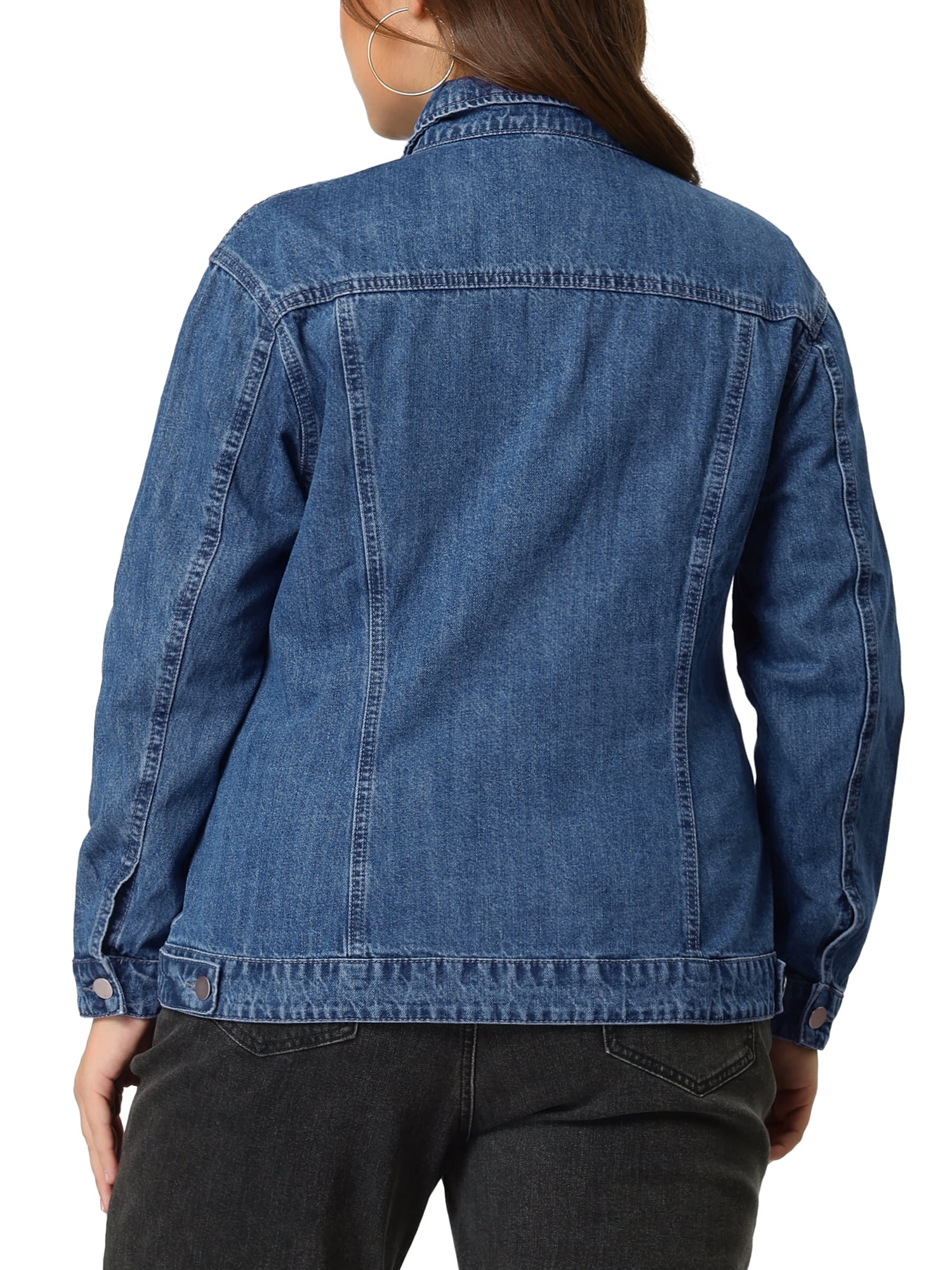 Unique Bargains Women's Plus Size Long Sleeve Button Front Washed Denim Jacket