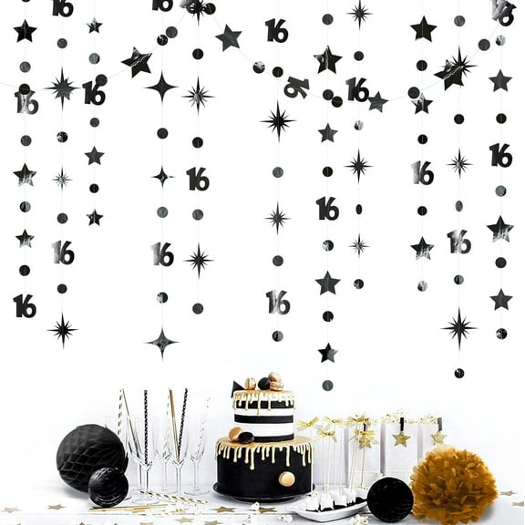 Cheerland Black Number 16 Circle Dot Twinkle Star Garland Metallic Streamer Bunting Banner Backdrop Decorations for Girls