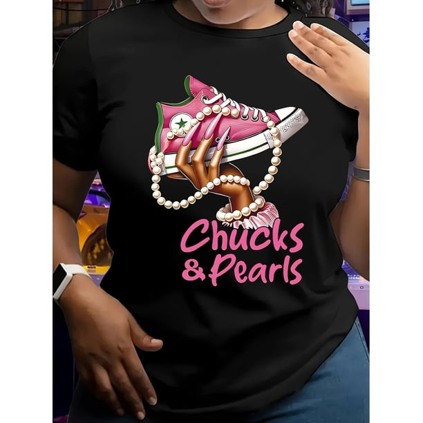 Camiseta informal Chucks & Pearls con estampado de elastano, cuello redondo, elasticidad media y manga corta para mujer, ideal para primavera/verano/otoño. Ideal para uso diario, para adultos, hombres