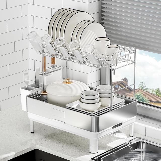 Dish Drying Rack Stainless Steel Dish Racks for Kitchen Counter Dish Drainers with Automatic Drainage Utensil Holder & Cups Holder Space Saving Kitchen Organizer