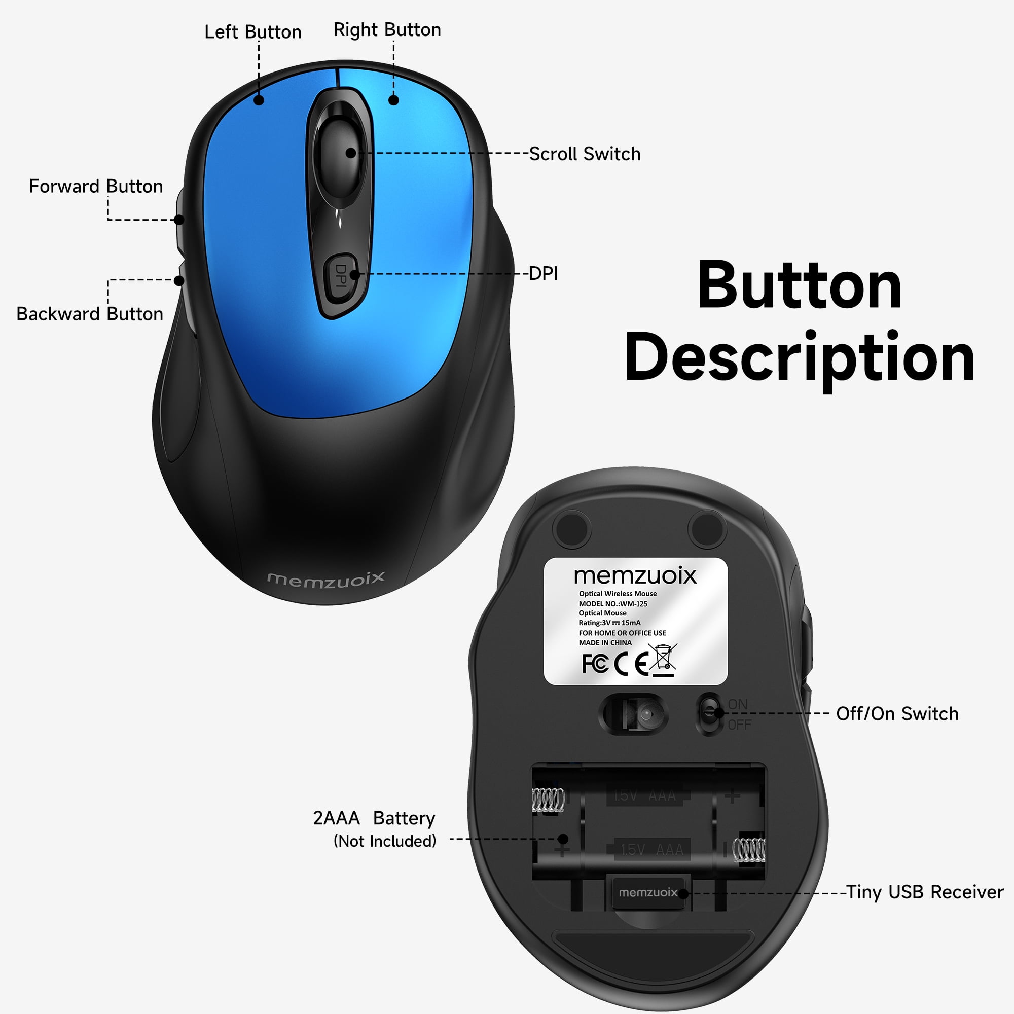 Memzuoix Wireless Computer Mouse, 3 DPI Option Laptop Mouse with