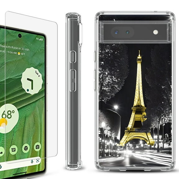 Shockproof Bumper Phone Case for Google Pixel 6a, with Tempered Glass Screen Protector, by OneToughShield ® - Paris Night