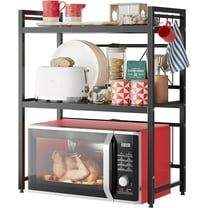 Expandable Microwave Stand,3 Tier Metal Kitchen Countertop Organizer Shelves with 8 Hooks,Bakers Rack,Microwave Shelf,Microwave Oven Rack,110lbs Weight Capacity