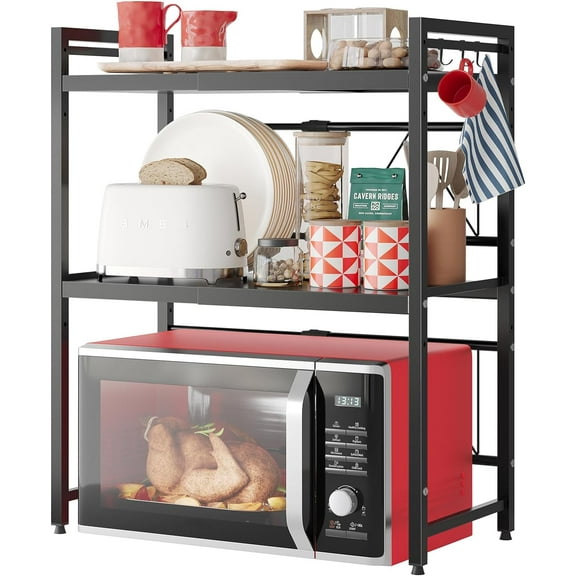 Expandable Microwave Stand,3 Tier Metal Kitchen Countertop Organizer Shelves with 8 Hooks,Bakers Rack,Microwave Shelf,Microwave Oven Rack,110lbs Weight Capacity