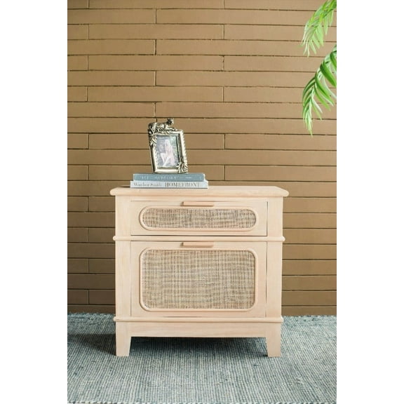 Space-Saving Coffee Table with Pine Wood Veener and Caning Inset for Living Room