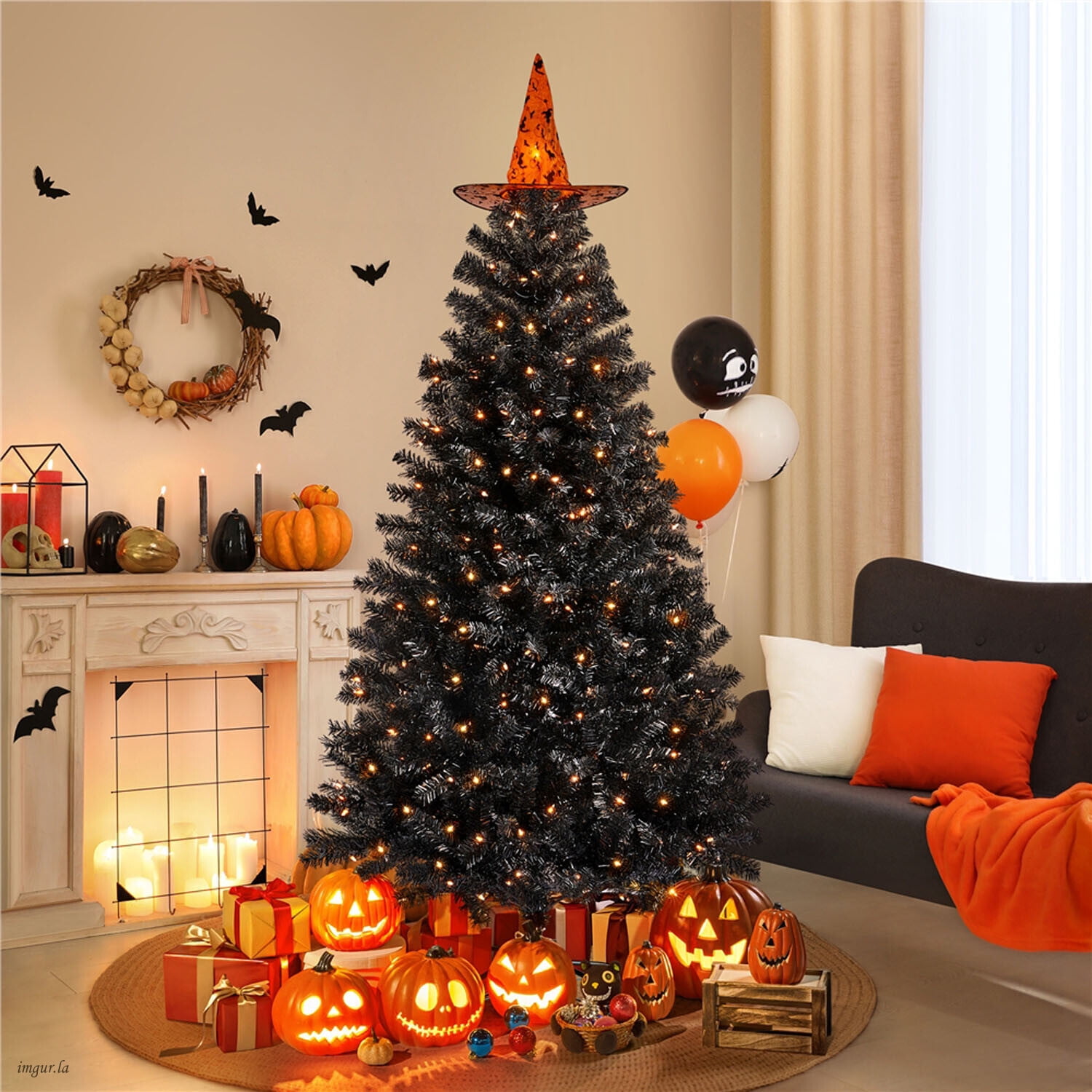 Alden Design 6FT Artificial Pre-lit Christmas Fir Tree with Foldable Stand,300 LED Warm Lights,Black