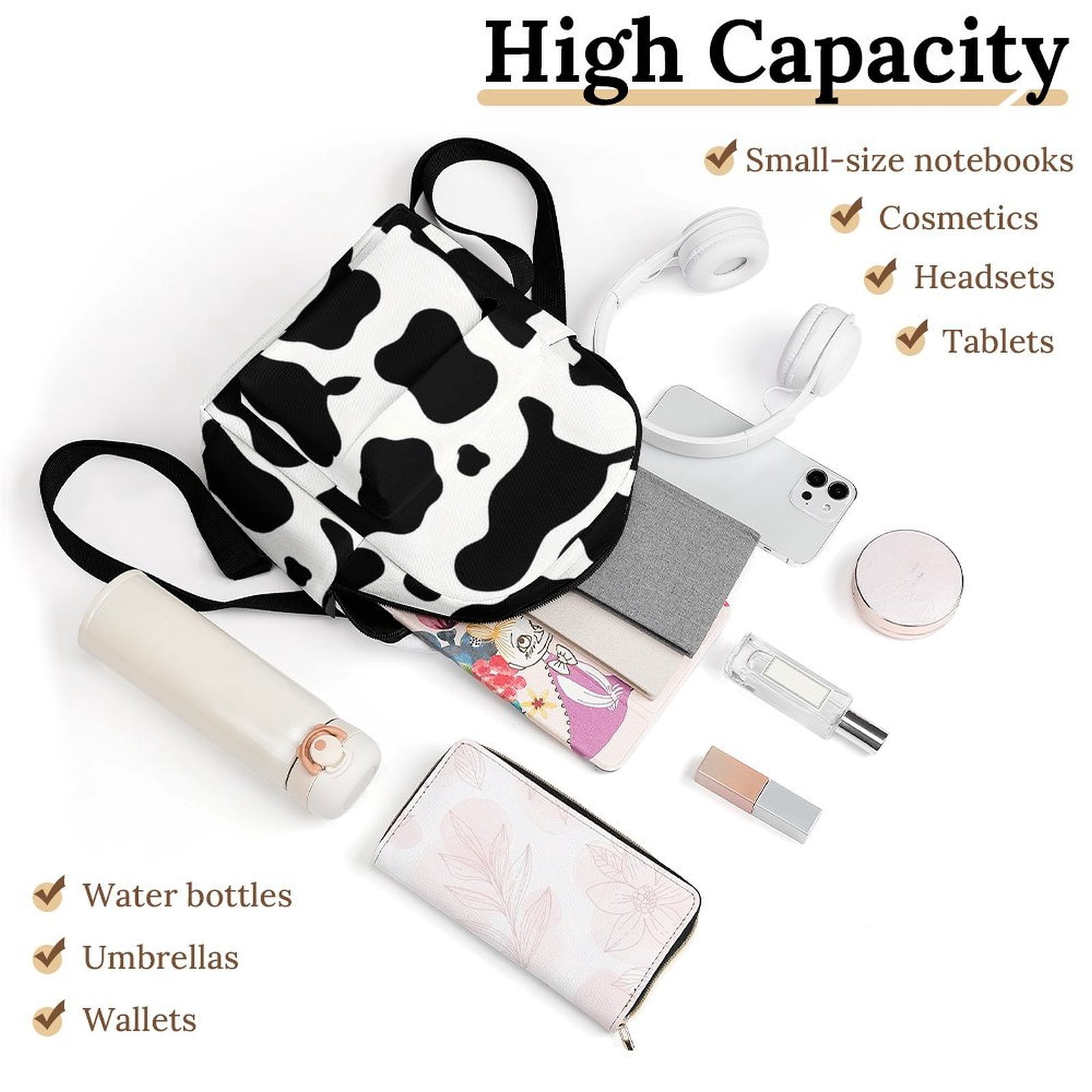 8.1×10in Casual Women'S Backpack With Anti-Contraction And Stretch For Sports Activities Travel Picnics Simple Cow Print Pattern, Vector Art Style_4