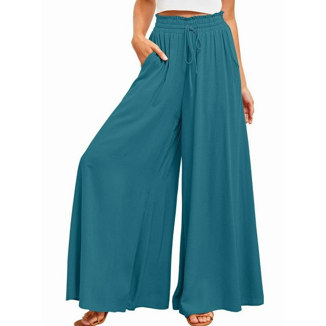 Women Casual High Waist Spring Fall Solid Color Long Wide Leg Pants Casual with Pockets Blue & Green L