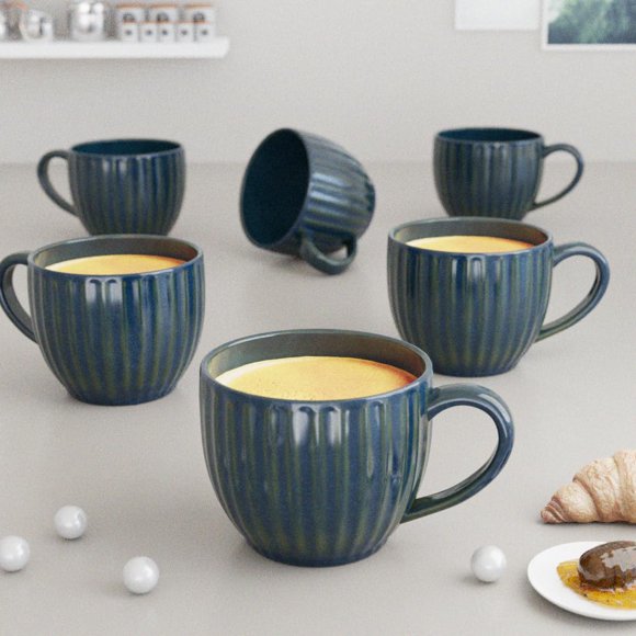 Glam Ensemble de 6 Tasses à Thé en Céramique Bleues - Bleu, 150 ml Chacune / Chai Pyali Faits à la Main pour Servir le Thé - Idéal pour Cadeau, Fête d'Anniversaire / Léger, Compatible Micro-Ondes