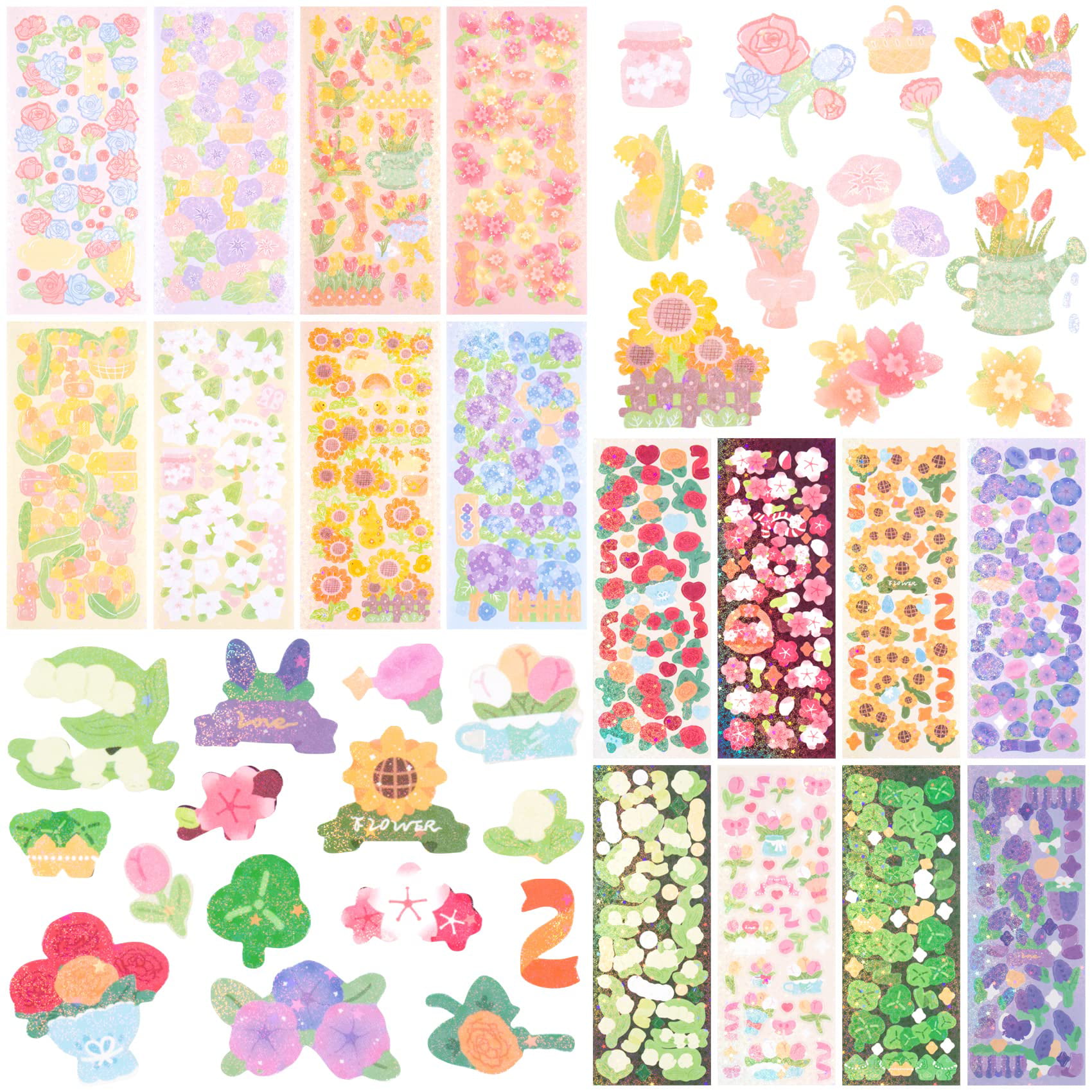 Korean Deco Stickers Set (30 Sheets), Colorful Glitter Stickers