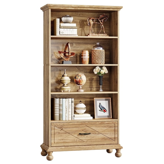 Fnova 6-Tier Tall Storage Shelf Unit, with Drawer Farmhouse Bookcase Display for Living Room Bedroom Home Office Study