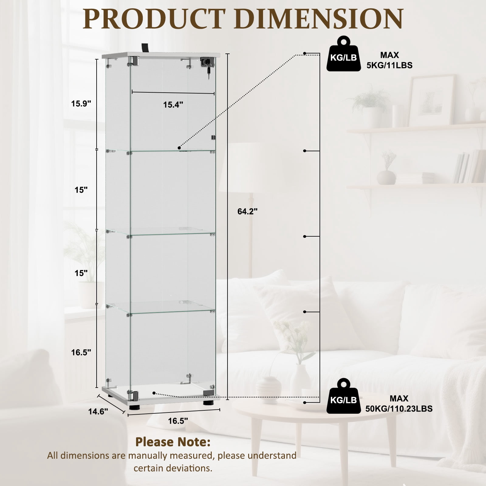 Easy4Home 4-Shelf Glass Display Cabinet with Lock, 64"H Freestanding Curio Display Showcase for Collectibles with Single Glass Door, White