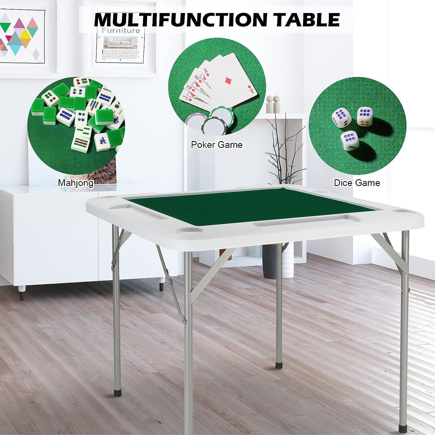 PEXMOR Foldable Multifunctional Square Gaming Table With Cup Holders For Mahjong Poker Game & Dice Game 4 Player, 34"
