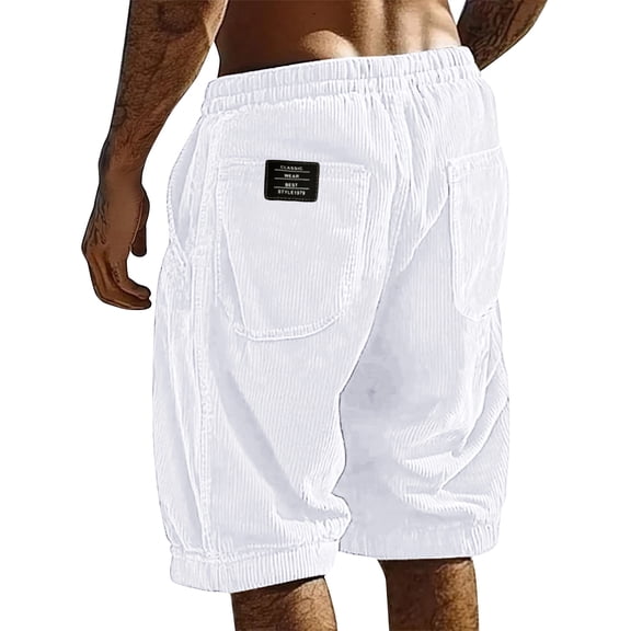 Mens Corduroy Shorts Vintage Texture Beach Casual Shorts Plus Size Drawstring Baggy Short Pants Pockets Resort Wear White L