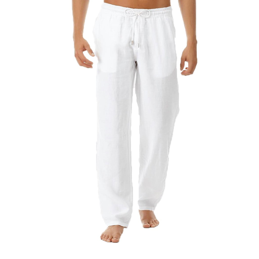 qucoqpe Men's Drawstring Linen Pants Casual Summer Beach Loose Trousers ...