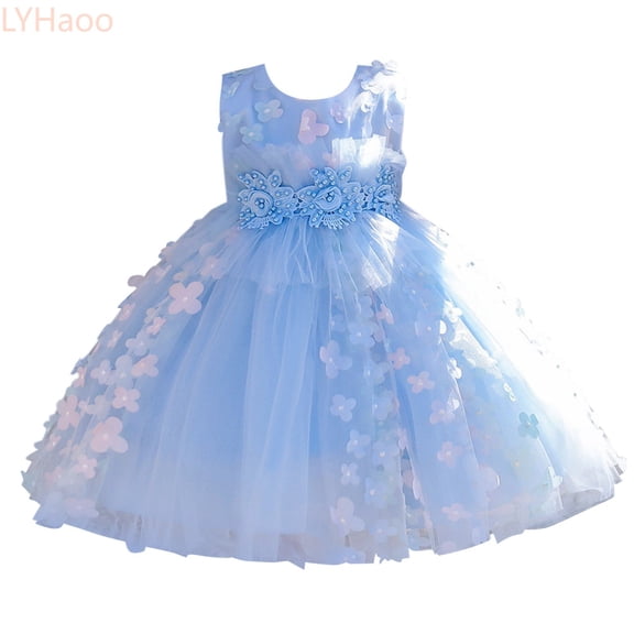 LYHaoo Girl's Flower Sequin Princess Dress Summer Sleeveless Multi Layer Long Skirt Waist Pearl Decoration,Casual Floral Dresses Sizes 18-24 Months Blue