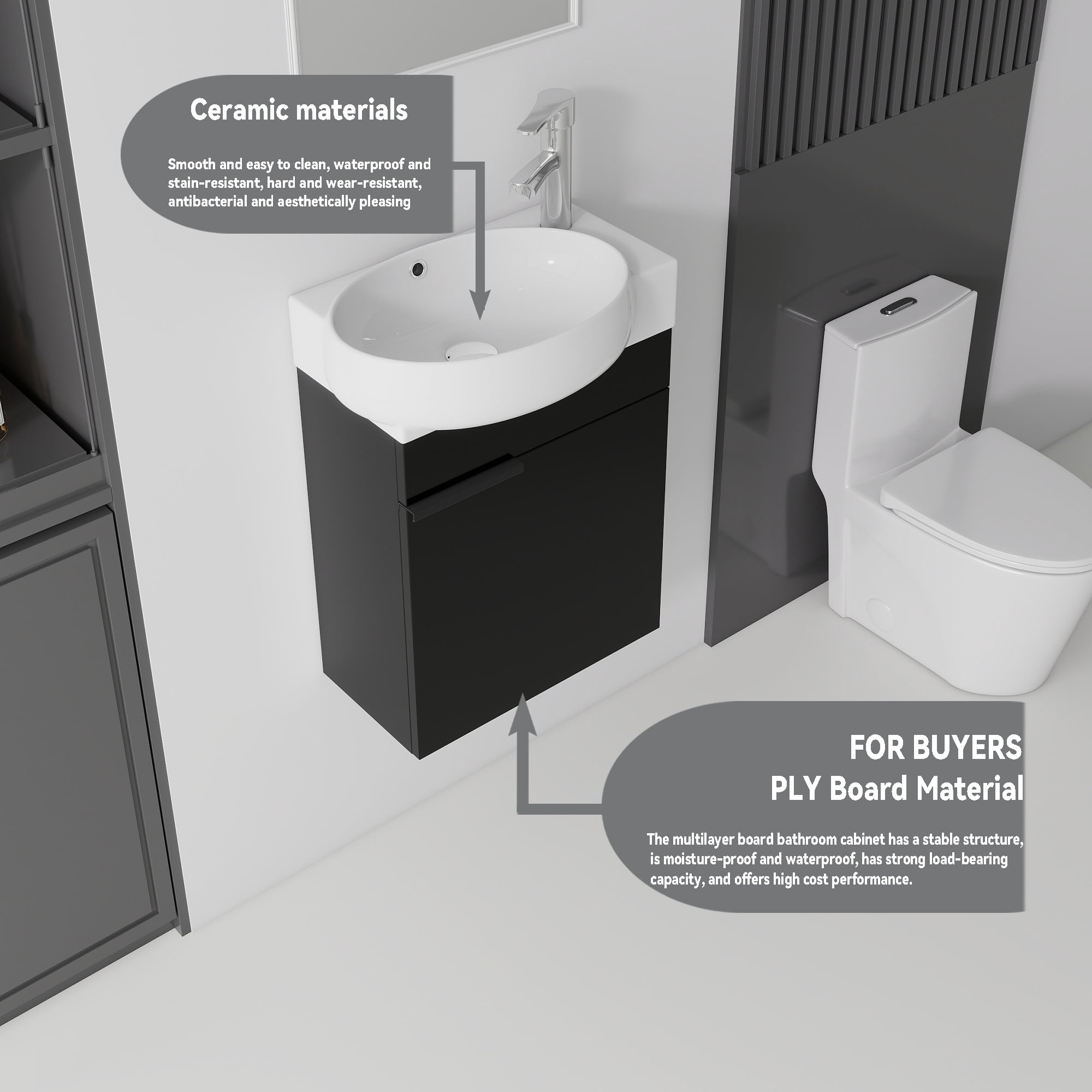 Leumius 16" Wall-Mount Bathroom Vanity Cabinet with with Ceramic Sink & Soft‑Close Doors for Small Space,Bathrooms,Black