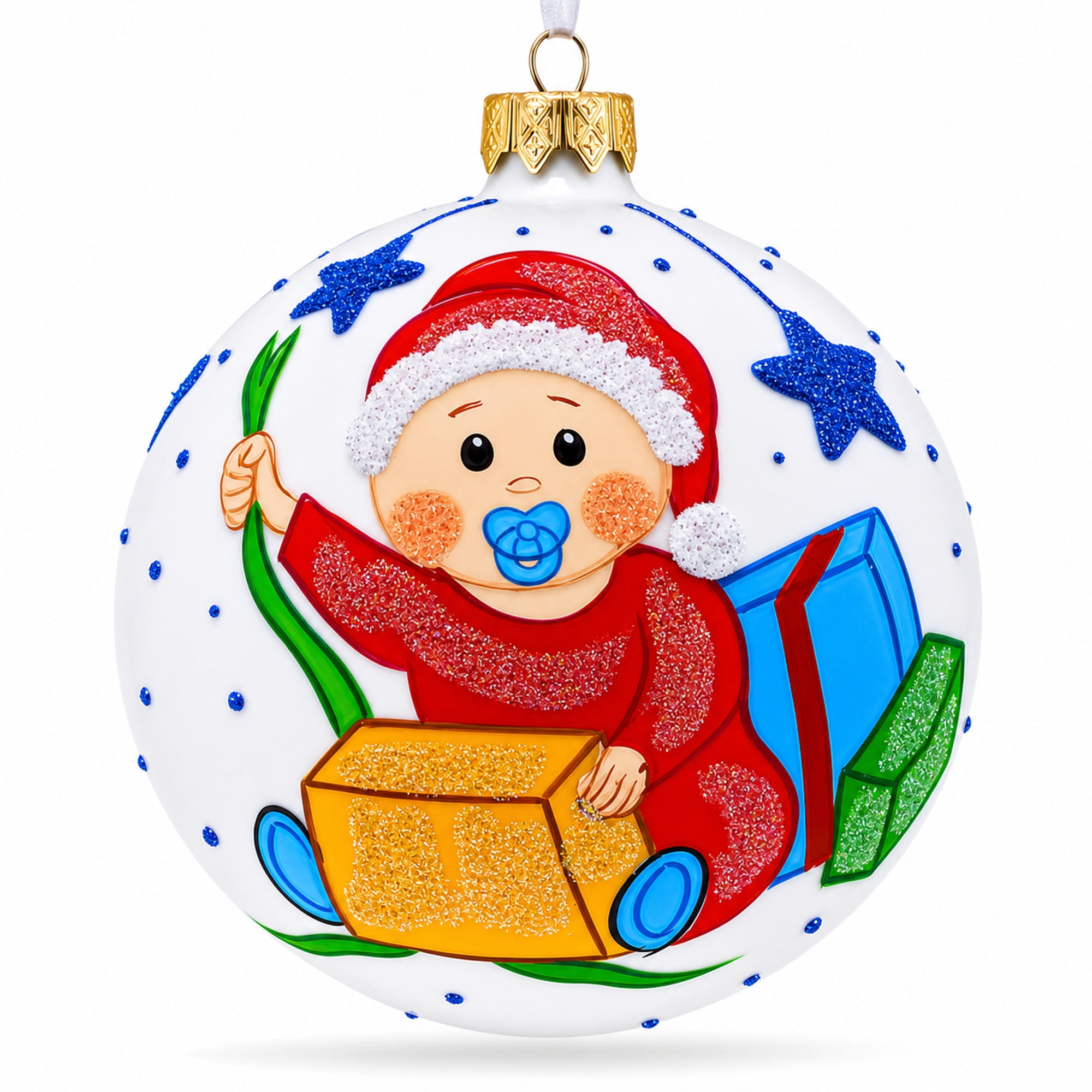 Boy Opening Gift Glass Ball Baby's First Christmas Ornament 4 Inches