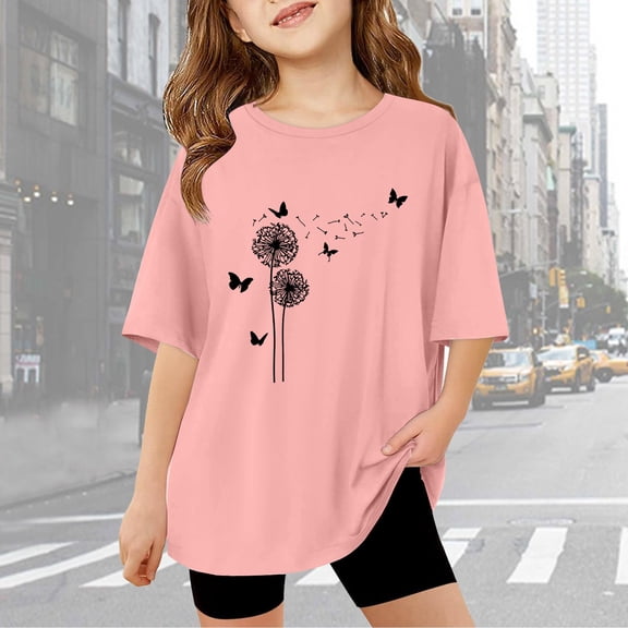 AWZXDE Kids' Graphic Oversized Tee Children Girls Short Sleeve Letter T Shirts Summer Comfy Casual Crewneck Basic Tops Pink,9-10
