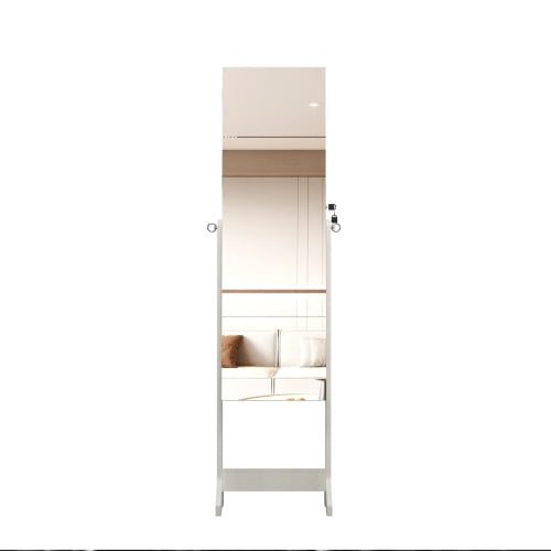 Jewelry Cabinet Armoire with Full Length Mirror with stand, Jewelry Armoire Organizer, Lockable Storage Cabinet, Interior Lighted Mirror, White