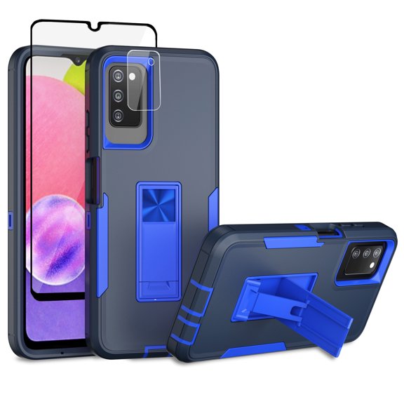 Xhy Samsung Galaxy A03S case with Stand, 2x Screen Protector   1x Camera Lens Protector, Military Grade Case with Magnetic Car Mount, Samsung A03S Phone Case for Men Women, Dark blue & Blue