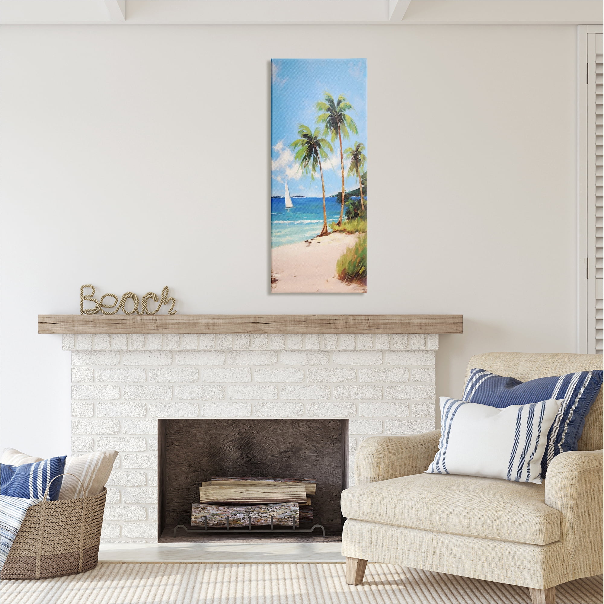 Stupell Industries Palm Trees & Sailboat Landscape Painting Gallery Wrapped Canvas Art Print Wall Art, 17 x 40
