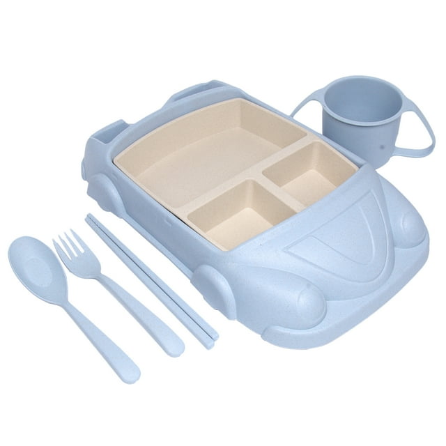SHISUYAN Eco-friendly Car Shape Wheat Straw Tableware Set Dinner Plate Unbreakable Children Dinnerware(Blue)