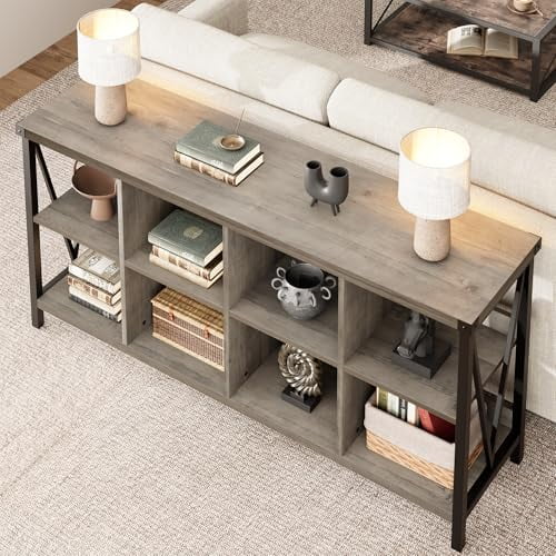 Console Table 62.2'' Narrow Sofa Table 8 Cube Storage Organizer Cabinet 3 Tier Long Sofa Table Behind Couch Entry Console Table with Storage for Entryway, Living Room, Foyer