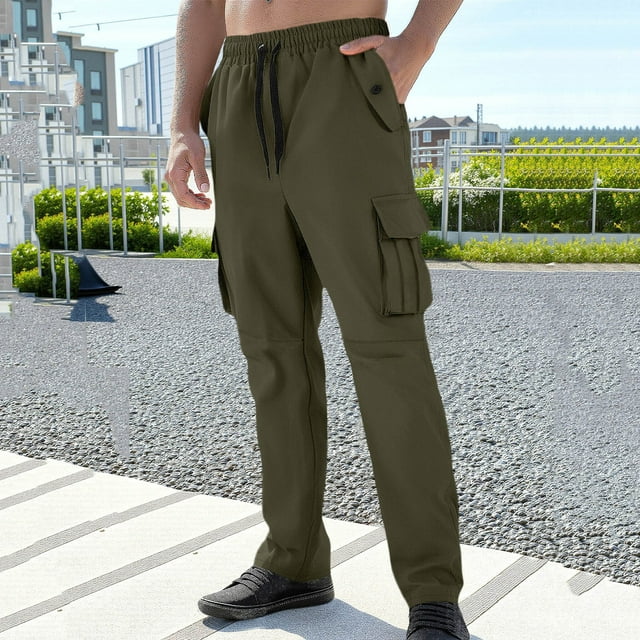 Wzzjkit Men's Casual Fashion Solid Color Drawstring Elastic Waist Pocket Drawstring Pants
