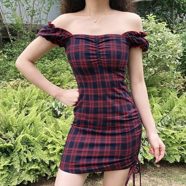 Puloru Women Plaid One Piece Dress Sexy Short Sleeve Boat Neck Dress Walmart Com