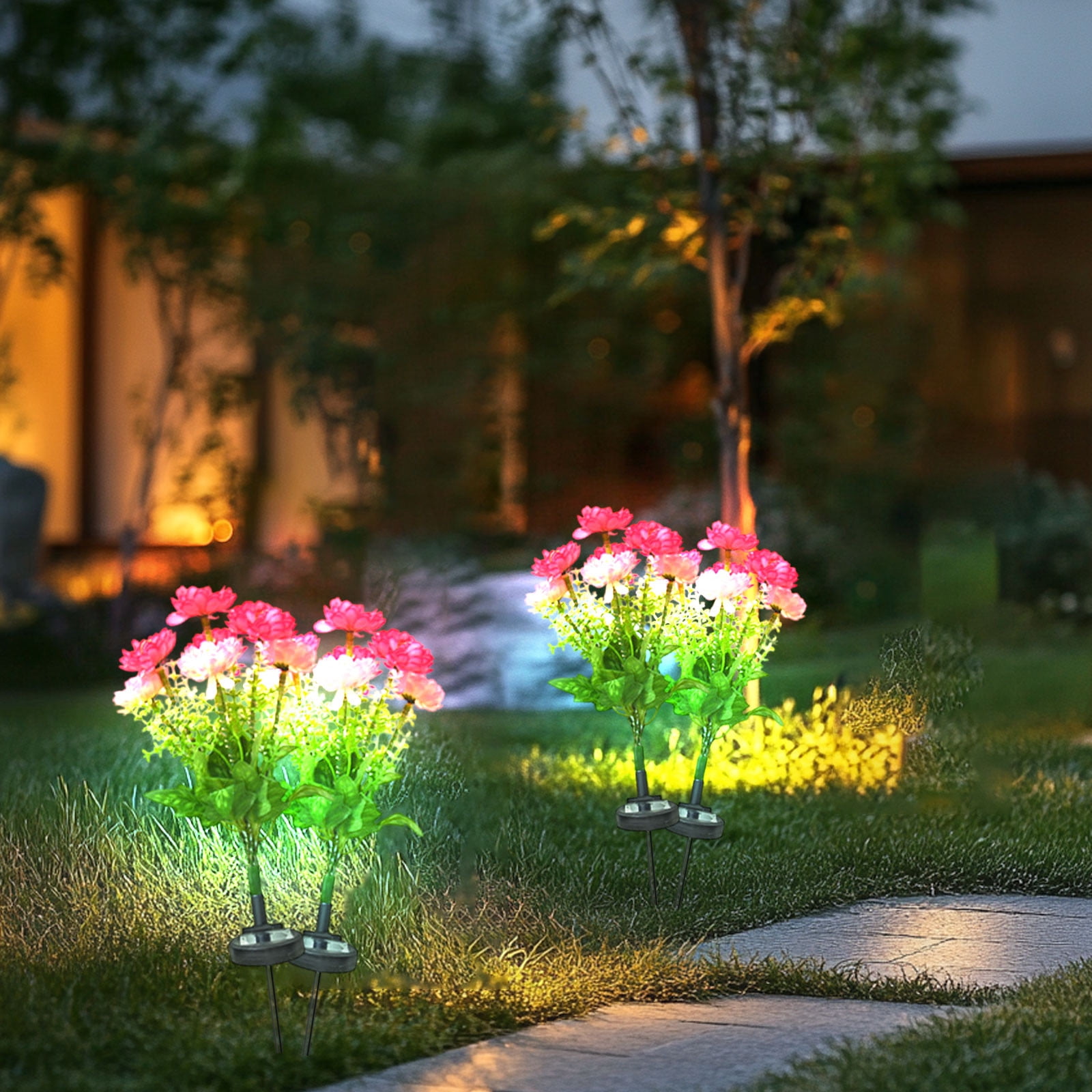 Solar Garden Lights LED Colorful Waterproof Realistic Solar Powered Snow Lotuss Landscape Lights Automatic Lighting In Darkness for Pathway Patio Yard Garden Decor (Dark pink + Light Pink)