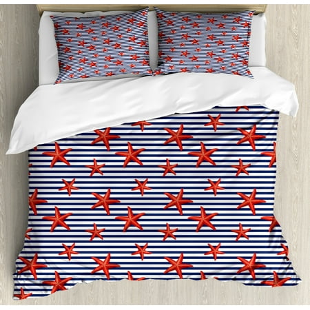 Starfish Duvet Cover Set Classical Striped Backdrop With Red